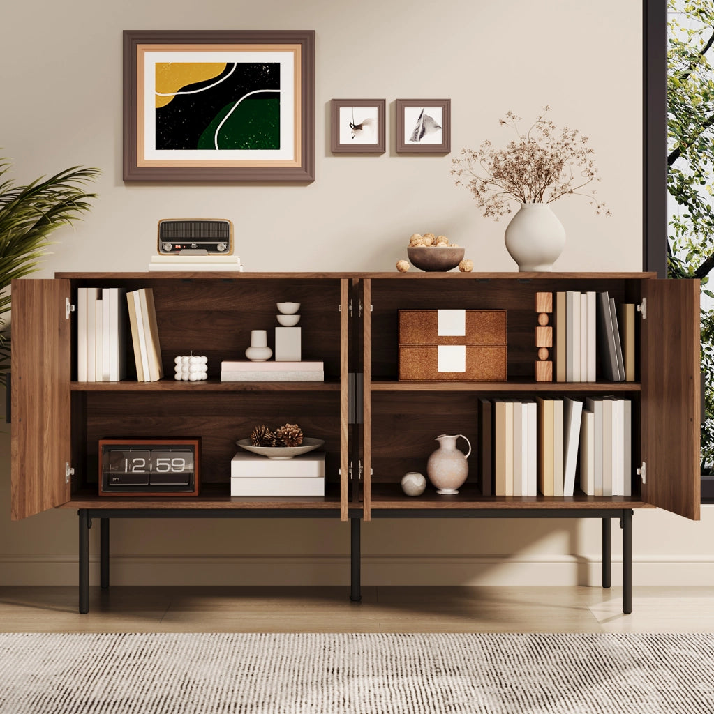 Madia 4 ante 140x40x80 cm effetto noce e rattan naturale HOMVRA