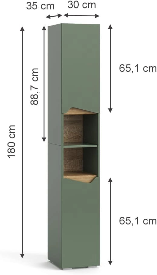 Mobile da bagno Marelle, Verde/Artigianale, 30 x 180 cm Con porte e vani aperti, per la conservazione di articoli da bagno e asciugamani