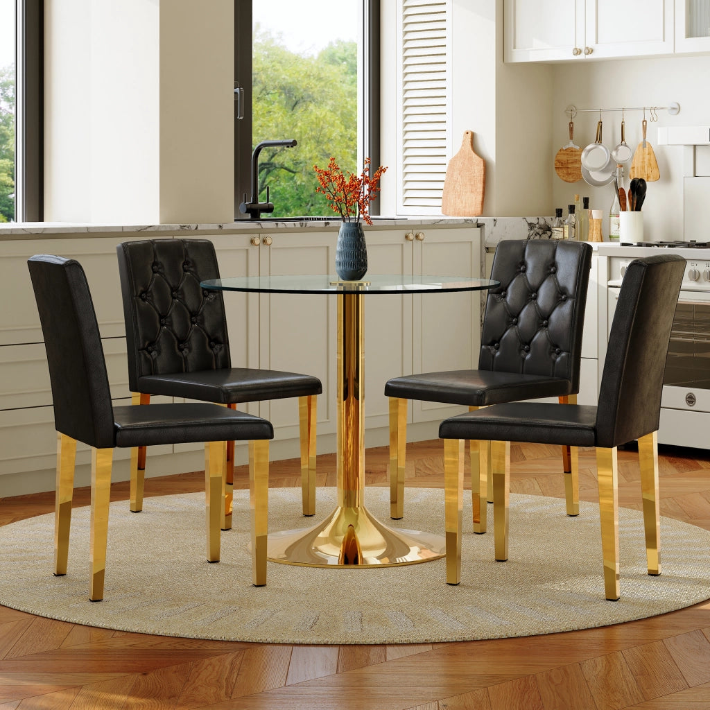 Tavolo da pranzo con 4 sedie in vetro temperato e metallo, nero e oro, diametro 85 cm, altezza 76 cm