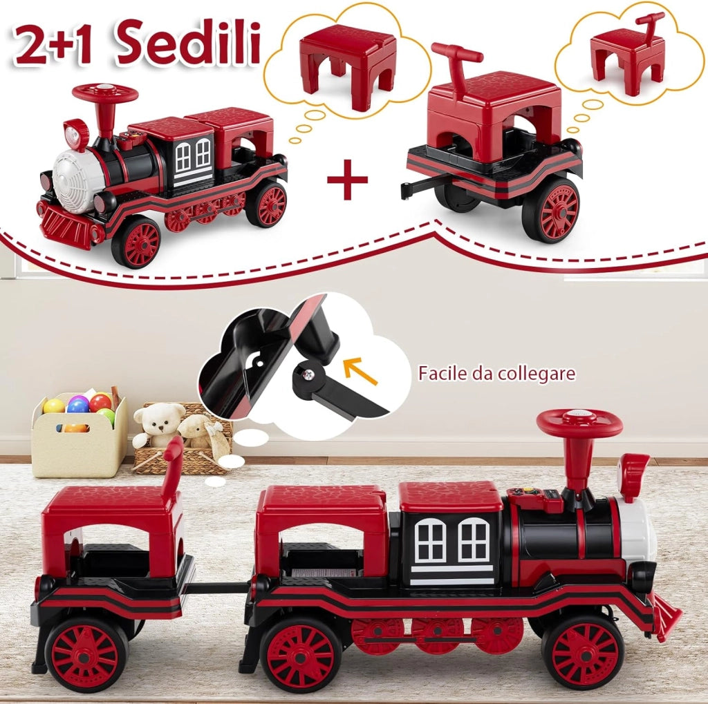 Trenino Elettrico Cavalcabile per Bambini, 12V Macchina Elettrica a 3 Posti con Locomotiva e Vagone Rimovibili, Treno con Luci LED, Clacson e Musica, per Bambini 3-8 Anni (Rosso)