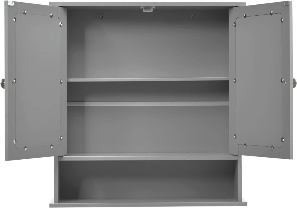 Armadietto Bagno a Parete, Mobiletto Pensile in Legno con 2 Ante di Specchio, 3 Ripiani di Stoccaggio, 3 Colori Disponibili, 56x13x58cm