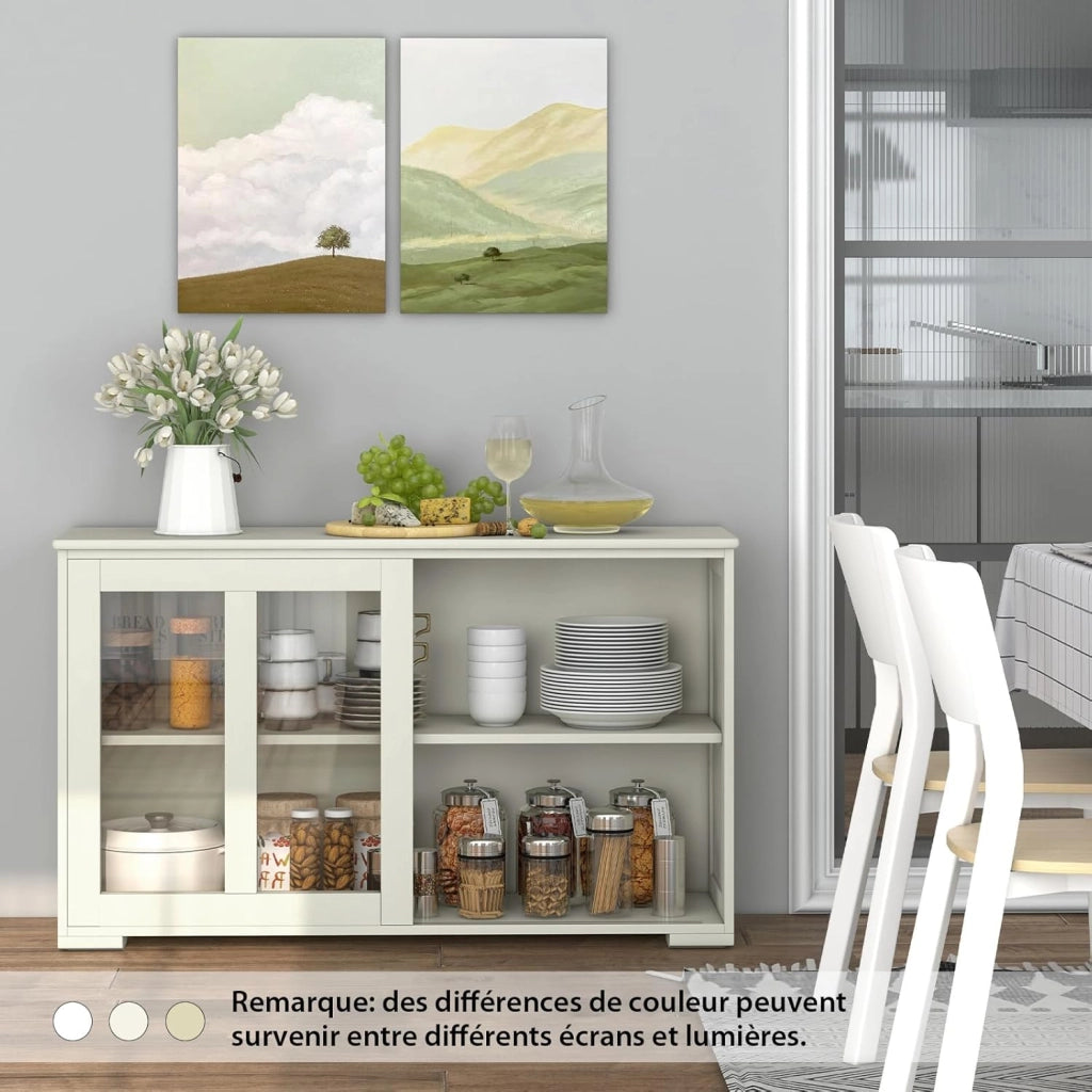 Armadietto da Cucina Mobile Laterale Multiuso con Ante Scorrevoli, in Legno e Vetro, 106,5 x 33 x 62,5 cm (Bianco Crema)