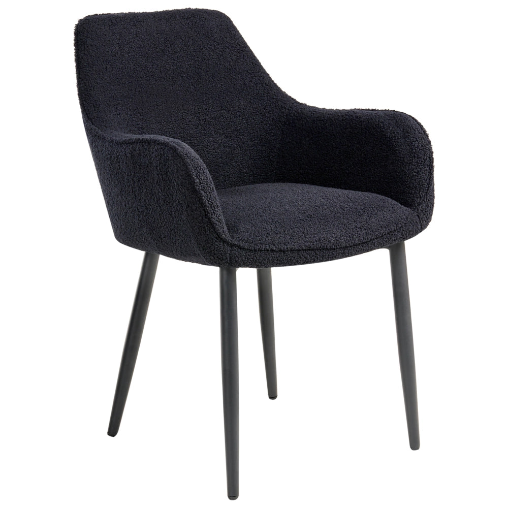 Set di 2 sedie da pranzo in tessuto bouclè nero braccioli schienale intagliato gambe in metallo moderna industriale