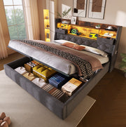 Letto imbottito 160x200 grigio con LED, ricarica e contenitore