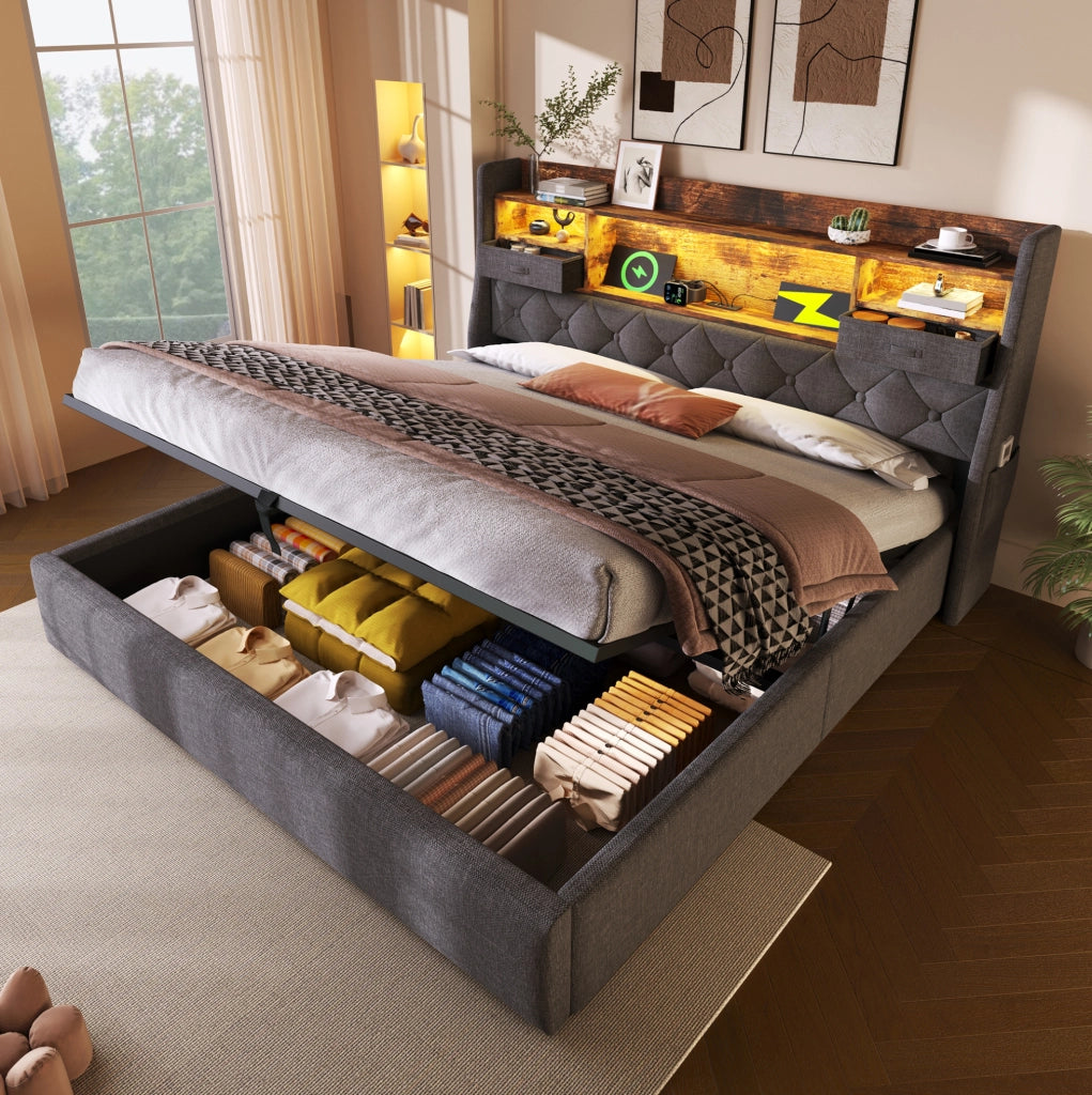 Letto imbottito 160x200 grigio con LED, ricarica e contenitore