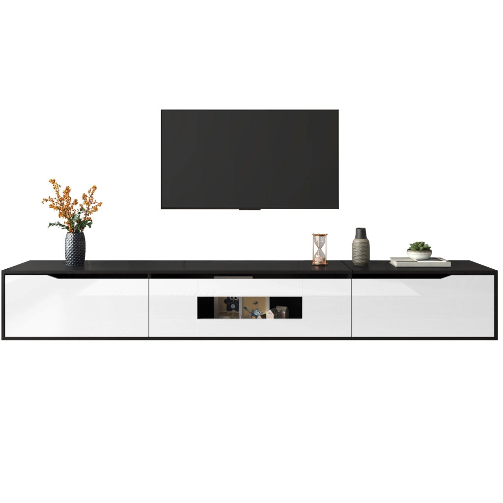Mobile TV 180 cm nero e bianco con LED USB, installazione a parete o da appoggio HAVRYA