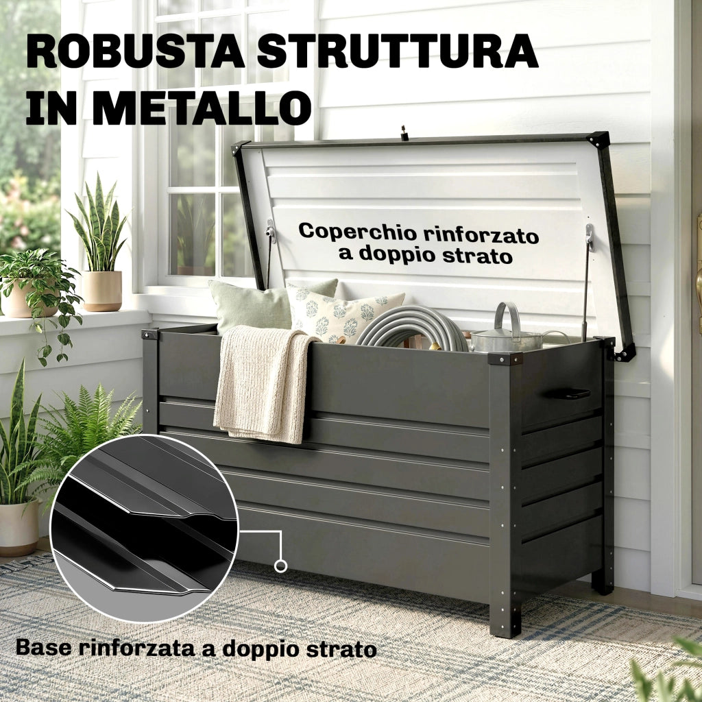 Cassa 350L, Box Metallo con Coperchio Bloccabile, Ruote, Maniglie Laterali, Grigio