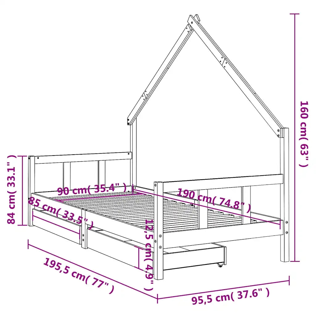 Giroletto per Bambini con Cassetti 90x190cm Legno Massello Pino 834546