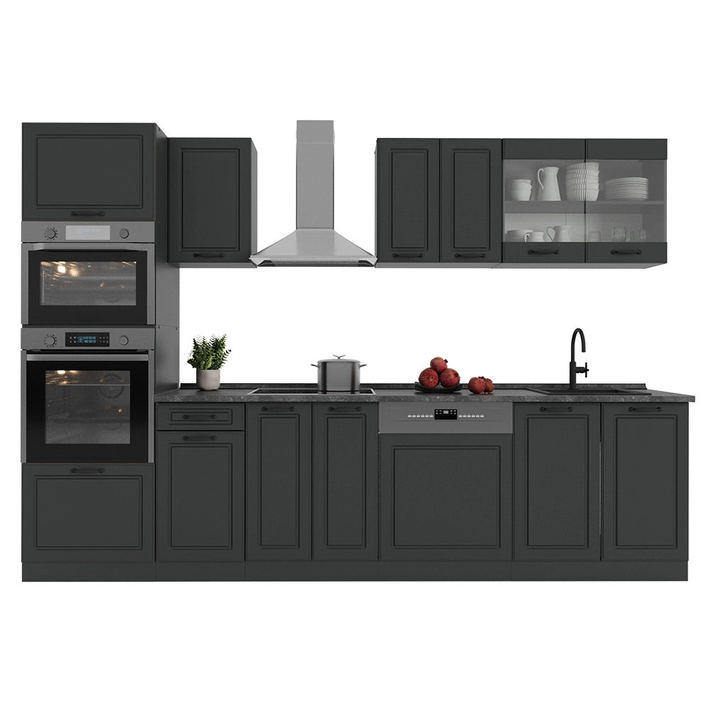 Cucina componibile R-Line Antracite rustico/Antracite 300 cm con armadio alto, PL Marmo Vicco