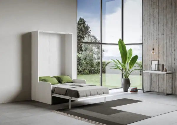 Letto una piazza e mezzo a scomparsa 120 Kentaro con divano bianco frassino, verde