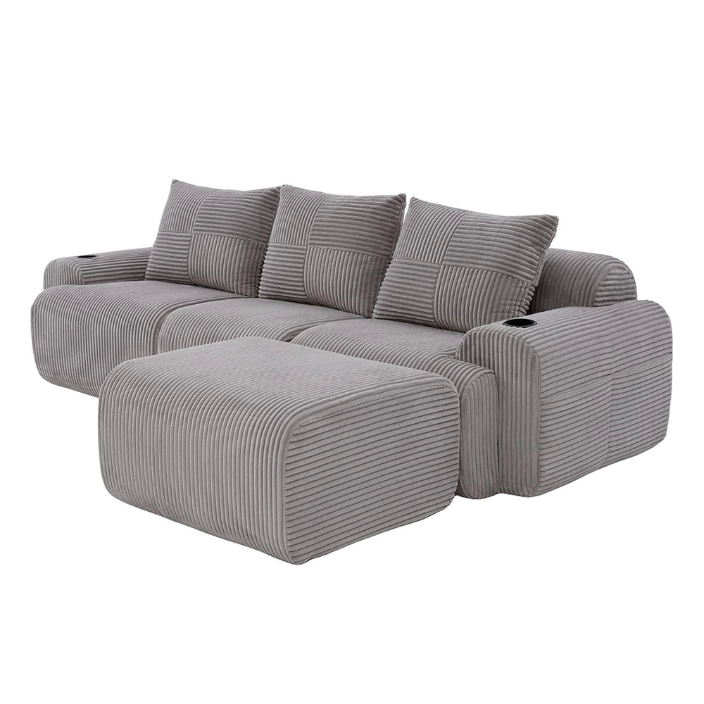 Canap¨¦ modulabile in velluto costato 3 posti - Xylo - Grigio chiaro con porta-bevande e tasche laterali