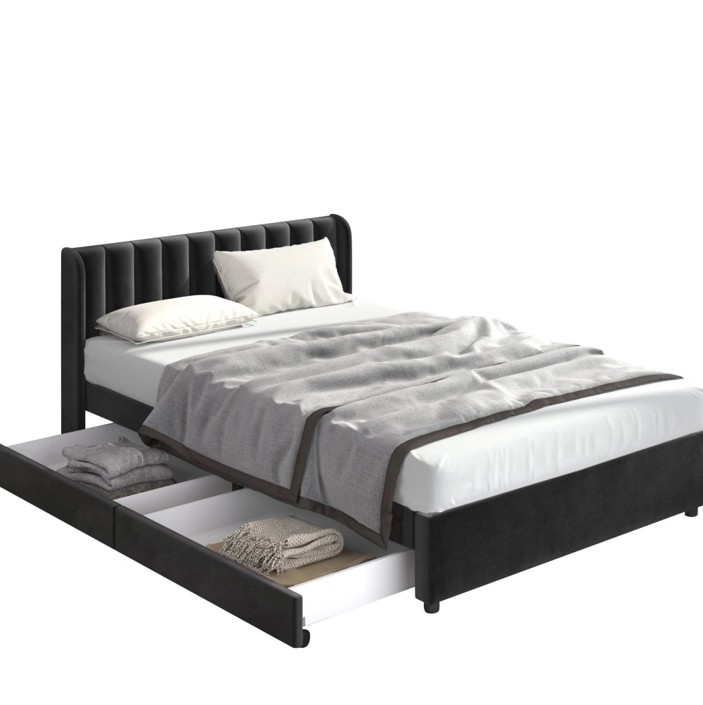 Letto matrimoniale 180x200 cm in velluto nero con testiera alta; 2 cassetti e rete a doghe