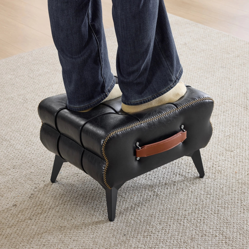Pouf d'appoggio 43x33x30 cm in similpelle nera， poggiapiedi per ingresso e camera