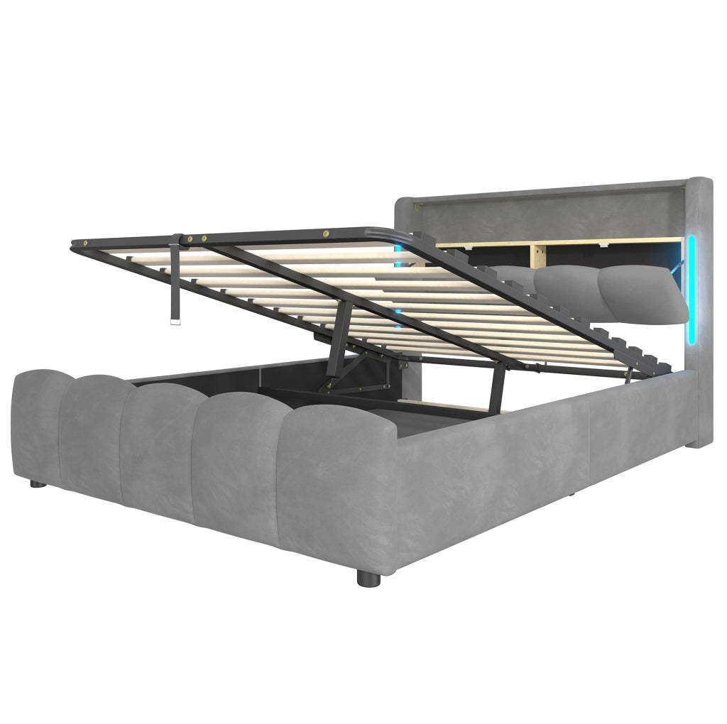 Letto imbottito ULEVR 140x200 cm con contenitore idraulico, LED, USB e Type-C, velluto grigio