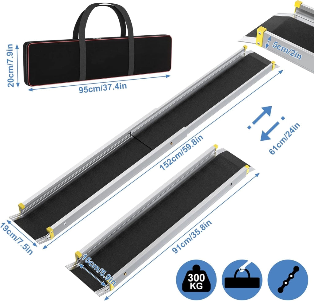 Set di 2 rampe telescopiche in alluminio da 91 a 153 cm - Portata massima: 300 kg - Rampa telescopica di accesso - Rampa di accesso regolabile e portatile per sedie a rotelle e scooter