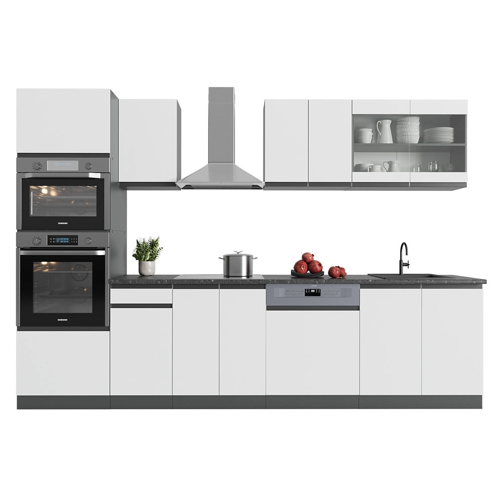 Vicco Cucina componibile Bianco/antracite 300 cm con armadio alto, PL Rovere