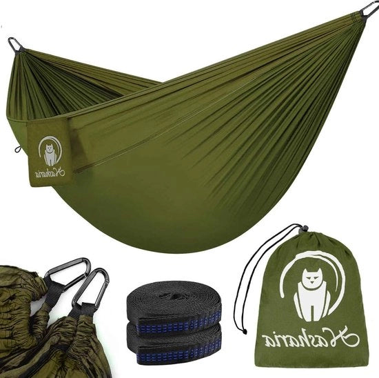 Hangmat opvougbile per camping - 275 x 140 cm - ademabile e rapido asciugamento - realizzato con 210T nylon spinning parachutamateriale - incluso 2 ganci premium e 2 lacci in nylon - per esterno e interno in giardino.