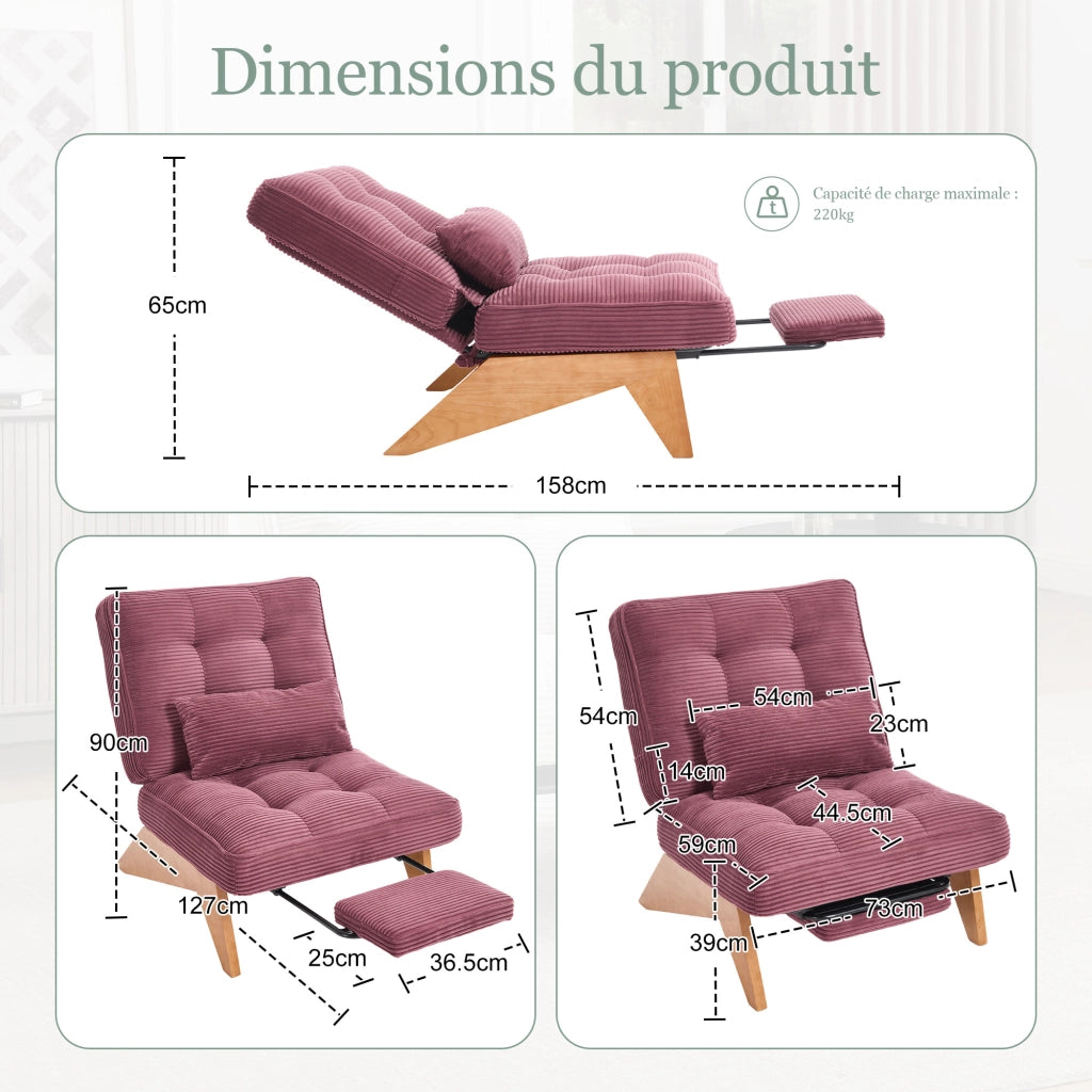 OKWISH Poltrona Relax in Velluto a Coste, Schienale Regolabile con Cuscino Lombare e Gambe in Legno Massello, Rosso Vino