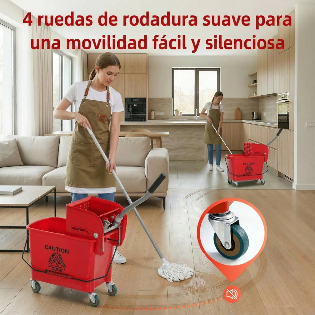 Secchio per Lavaggio con Strizzatore Divisorio e Ruote ¨C Xylo ¨C 20L 45x26,5x70cm Rosso