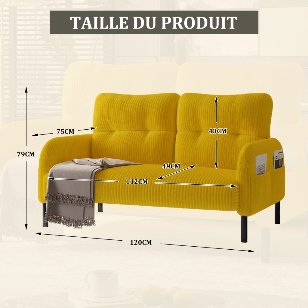 Divano 2 Posti con Schienale Ergonomico e Tasca Laterale, in Velluto a Coste Giallo 120 × 75 × 79 cm