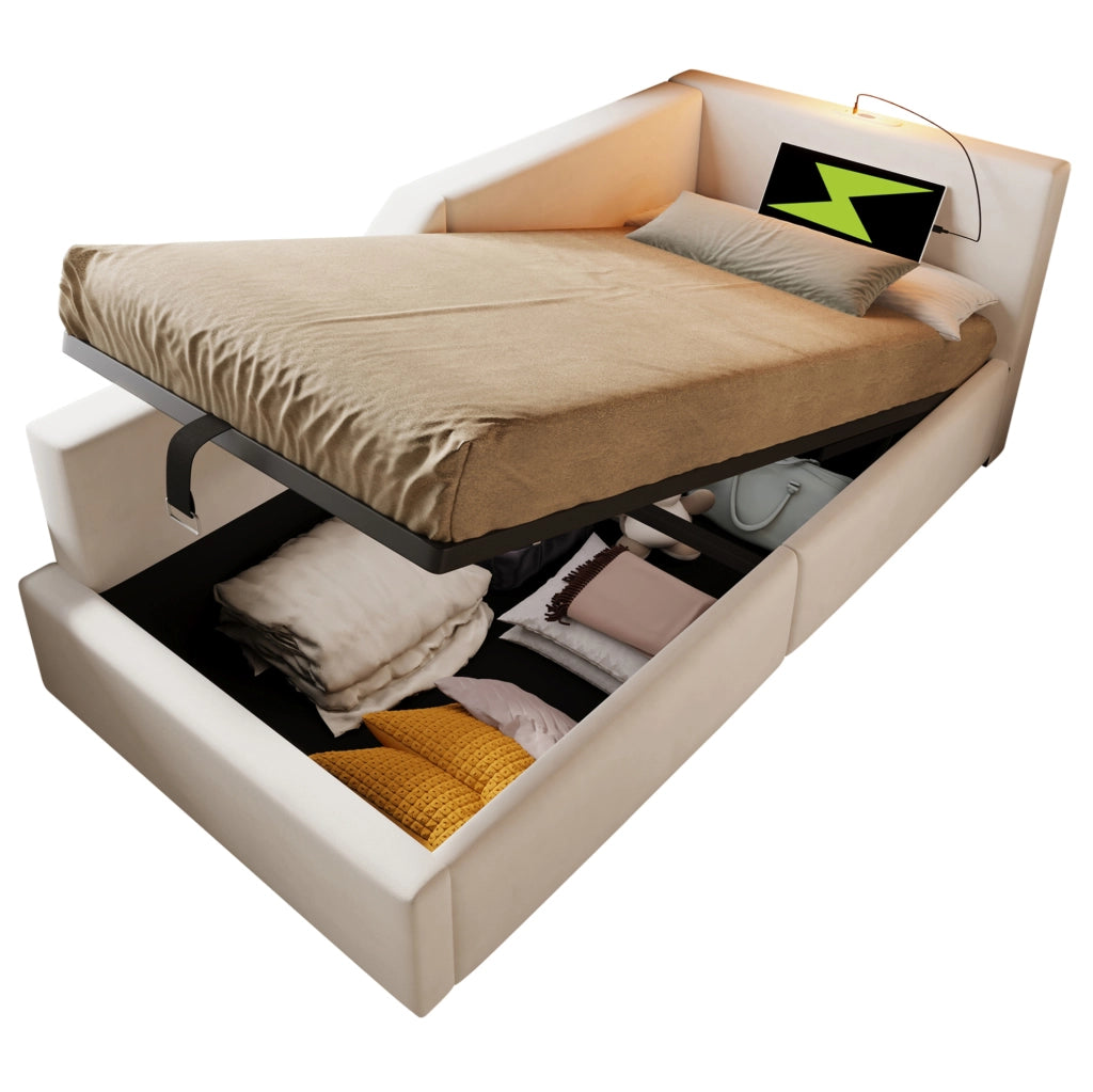 Letto a giorno 90x190 cm con contenitore; luce da lettura e USB C; velluto beige