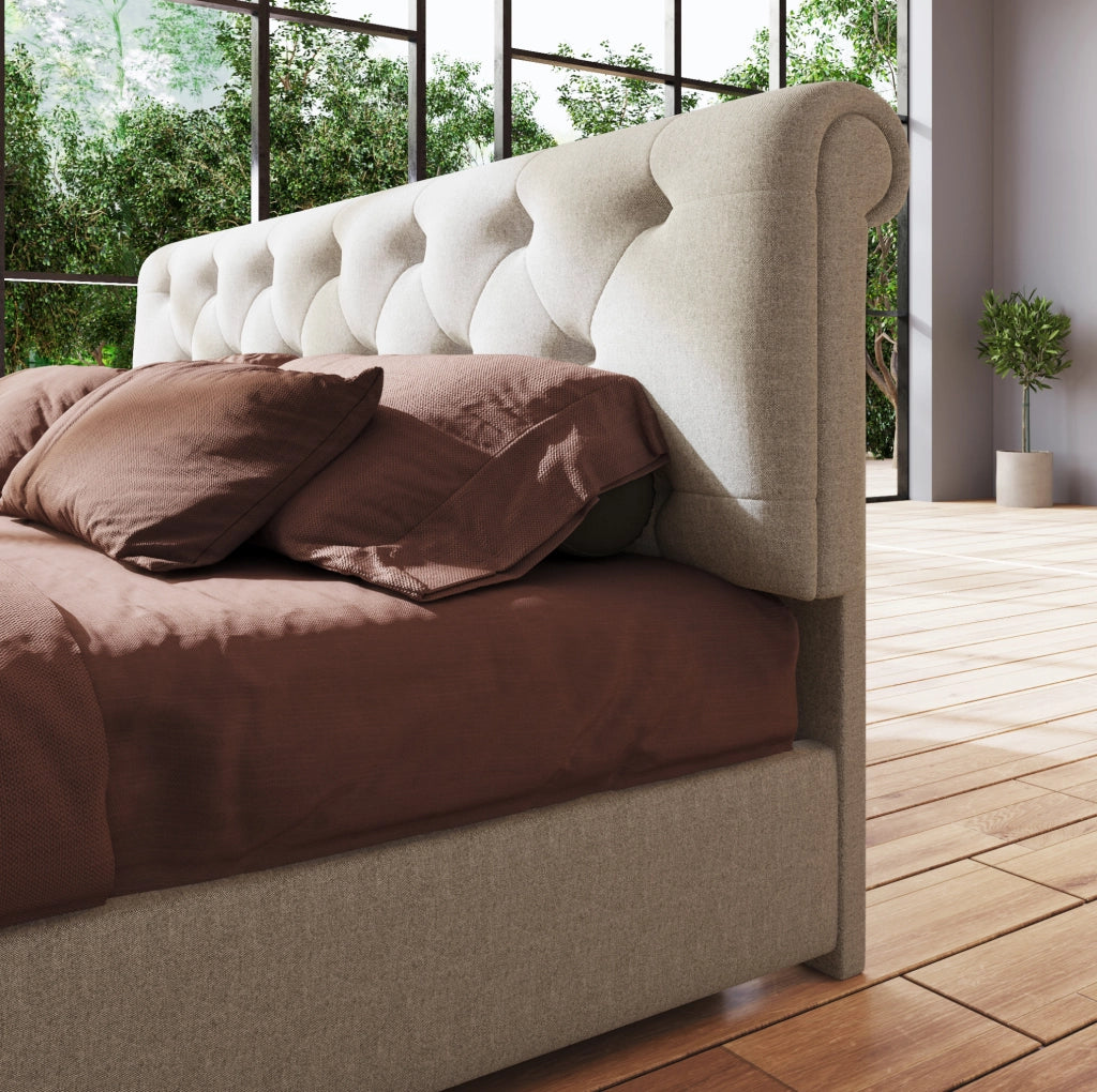 Letto matrimoniale 160x200 cm con contenitore; testiera regolabile; lino naturale