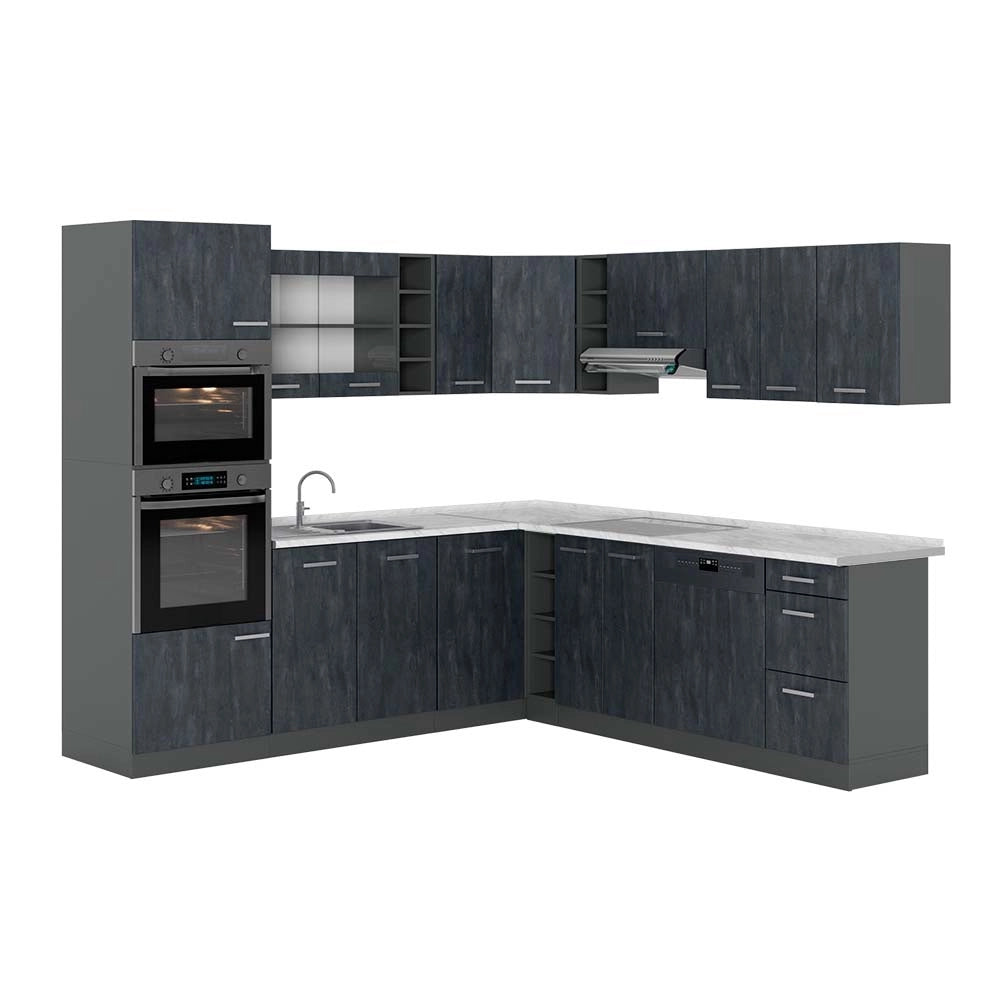 Cucina angolare completa R-Line Calce nera/Antracite 247 x 237 cm PL Marmo Vicco