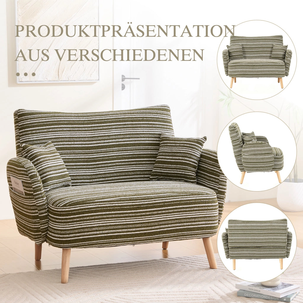 Divano Dritto 2 Posti con Tasche Laterali Braccioli Confortevoli Cuscino Schienale Moderno in Bouclé Verde Oliva