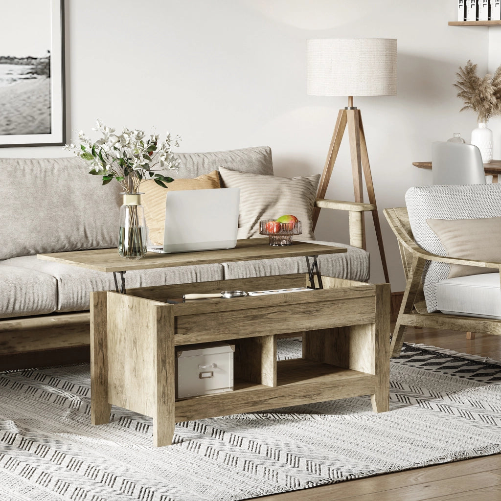 Tavolino da salotto con ripiano sollevabile e ripiani nascosti ¨C zephmum ¨C effetto quercia chiaro 105x50x49-62.5 cm