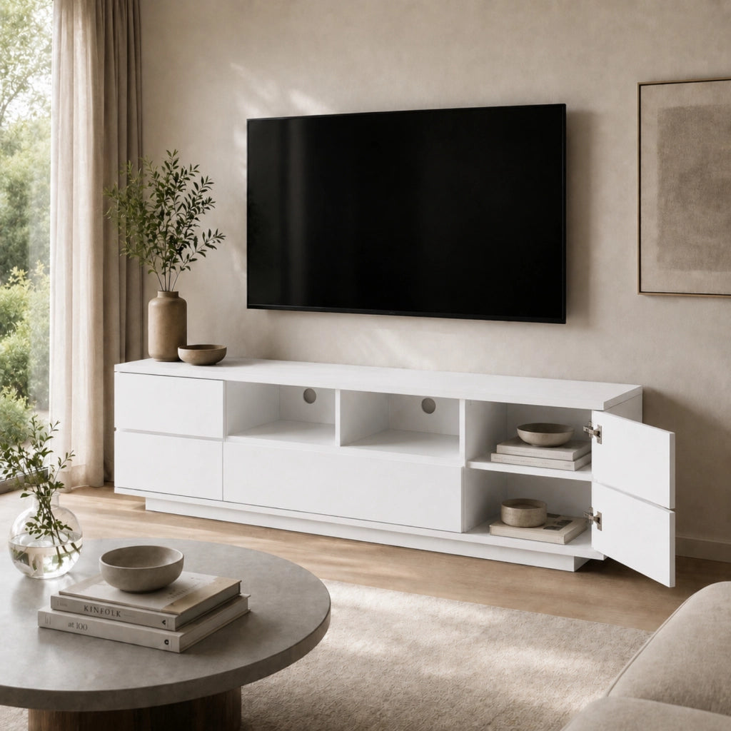 Mobile Televisore Moderno Con 4 Ante 1 Anta A Ribalta 2 Vani A Vista Con Passacavi Per Soggiorno Zona Living Salotto In MDF Resistente 180 x 38 x 46 Cm Bianco