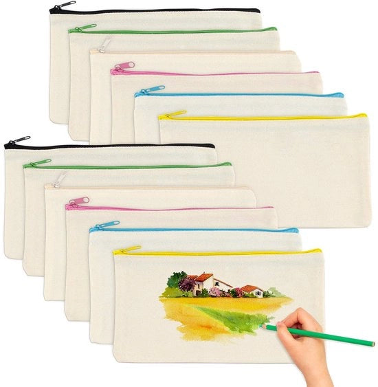 12-pack etui in tessuto bianco, etui in tessuto bianco, borsa cosmetica per viaggi in tela, borsa per libri, etui di grande capacità, borsa per documenti, regalo DIY, 21 x 12 cm (A)