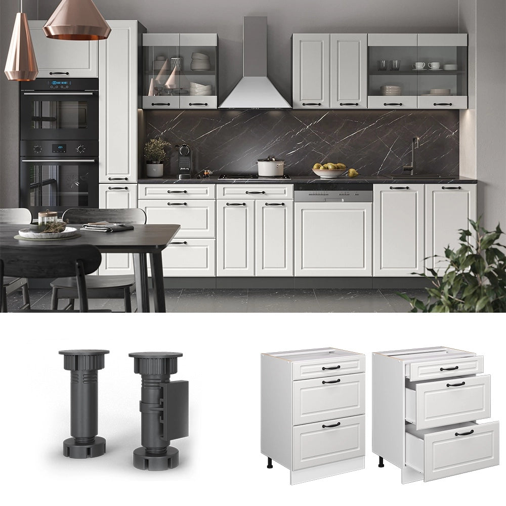 Mobiletto base per cucina R-Line Bianco rustico/Bianco 60 cm con cassetti, senza piano di lavoro Vicco