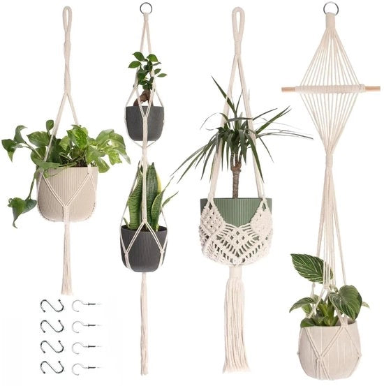 Set di 4 decorazioni per la casa boho in macramé con ganci, vaschette penzolanti in cotone per decorazione di interni, estetica decorazione boho per la camera, vaschette per piante penzolanti per decorazione di balcone (crème)