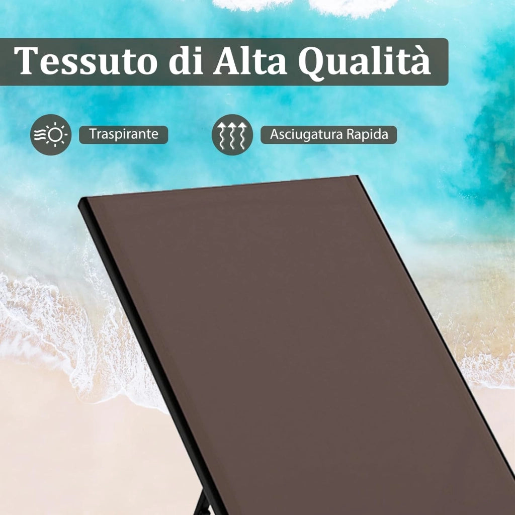 Lettino Prendisole da Giardino con Tavolino, Schienale Rgolabile 5 Livelli, 2 Ruoti, Sdraio da Patio in Tessuto Traspirante, per Piscina Terazza, Portata 150+50 kg (Marrone)