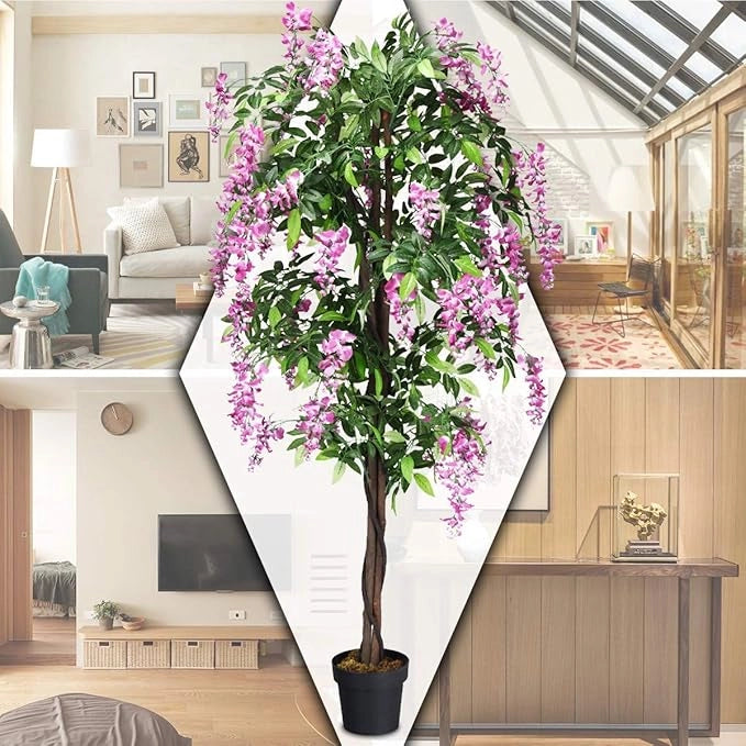 Pianta Finta da Interno da 180 cm, Albero Artificiale con Fiori Fiori Glicine Elegante in Vaso, Pianta Artificiale per Salotto, Camera da Letto e Balcone