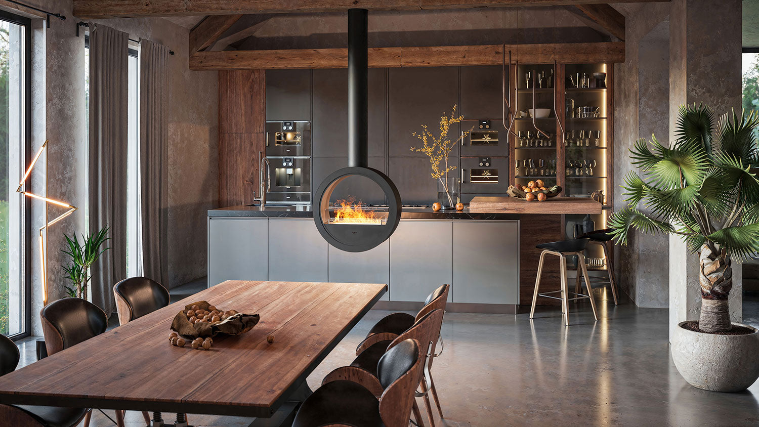 Camino a Bioetanolo Sospeso 218,7xØ70x35 cm Incyrcle 2Side Nero con Vetro