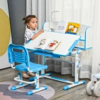 Banco Scuola per Bambini 6-12 Anni Regolabile con Luce LED, Leggio e Portapenne, in MDF, PP e Acciaio, Azzurro
