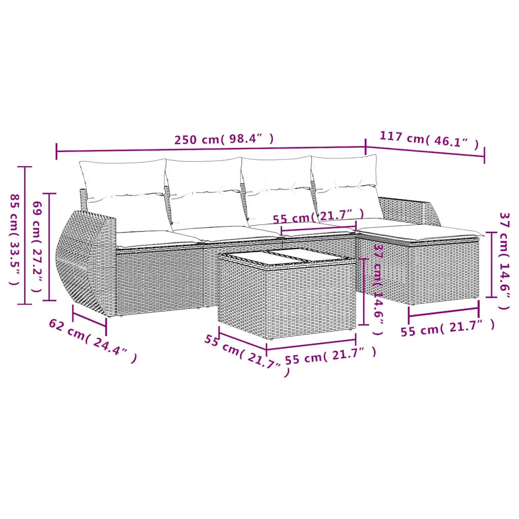 Set Divani da Giardino 6 pz con Cuscini Marrone in Polyrattan 3221303