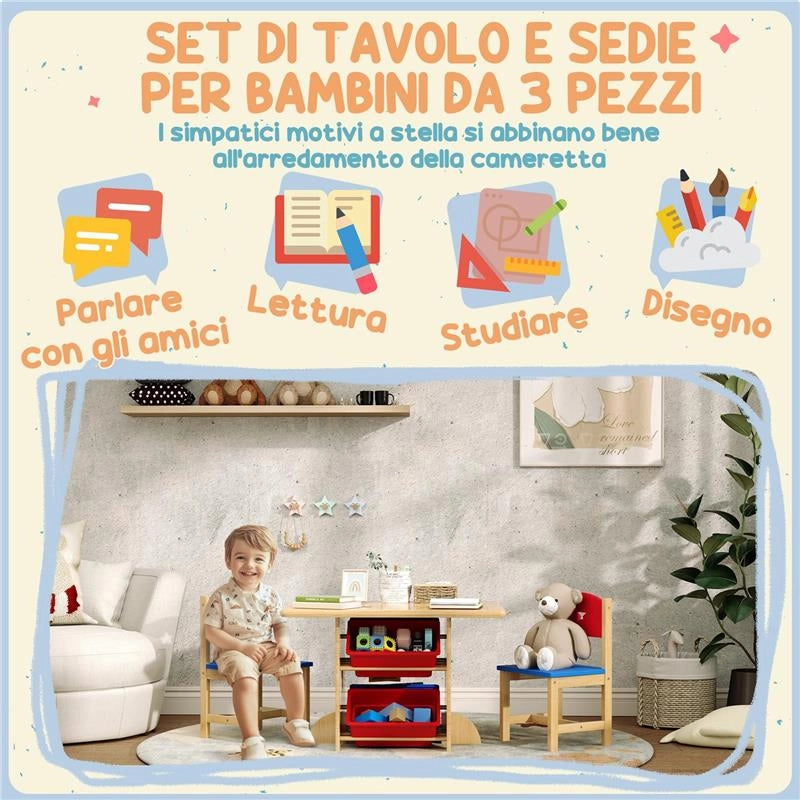 SET TAVOLO E SEDIE PER BAMBINI 3-7 ANNI CON 2 SEDIE E TAVOLO CON 4 CONTENITORI IN LEGNO E PP COLOR LEGNO