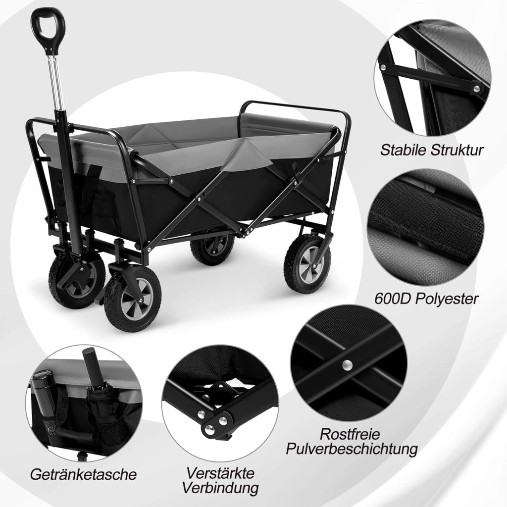 Carrello da Giardino Pieghevole, con Maniglia Regolabile, Carrello da Spiaggia Portatile con Tasche Laterali per Spesa, Picnic, Adatto a Vari Suoli, Portata 80 kg, Nero+Grigio