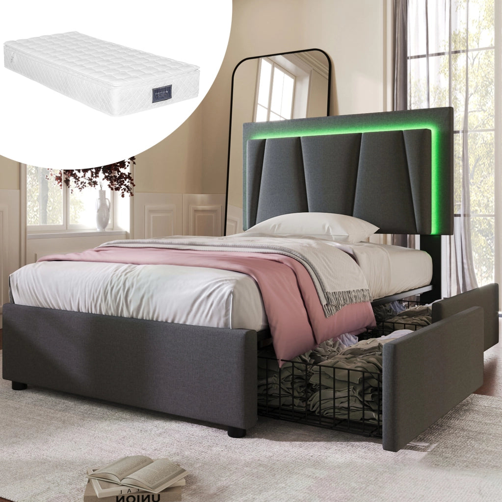 Letto singolo 90x200 cm con LED; 2 cassetti e testiera regolabile; grigio