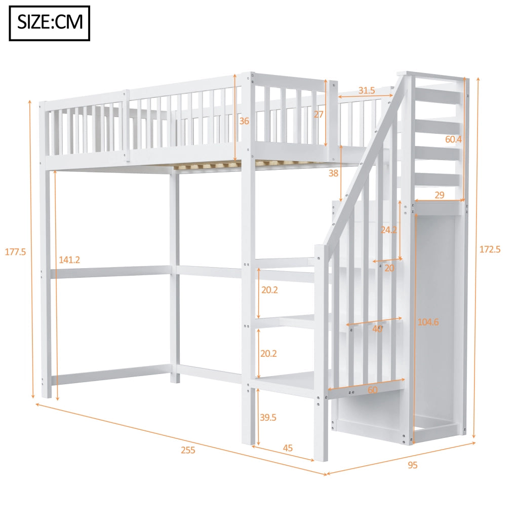 Letto a soppalco 90x200 cm bianco con scala e armadio