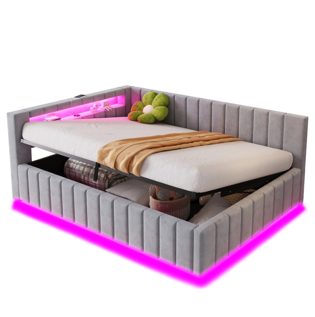 Letto imbottito 140x200 cm con contenitore idraulico; LED e USB; velluto grigio