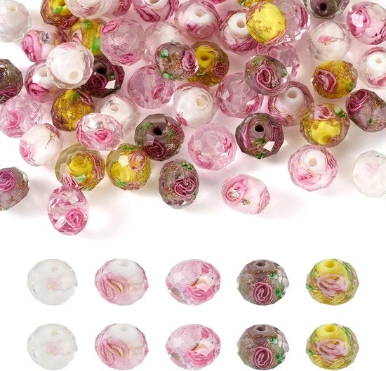 Lampo a Lavorazione a Mano con Fiori in Facette/Rondelle - 50 Pezzi - Grosso 10 mm - 5 Colori - Sieramento con Filo d'Oro