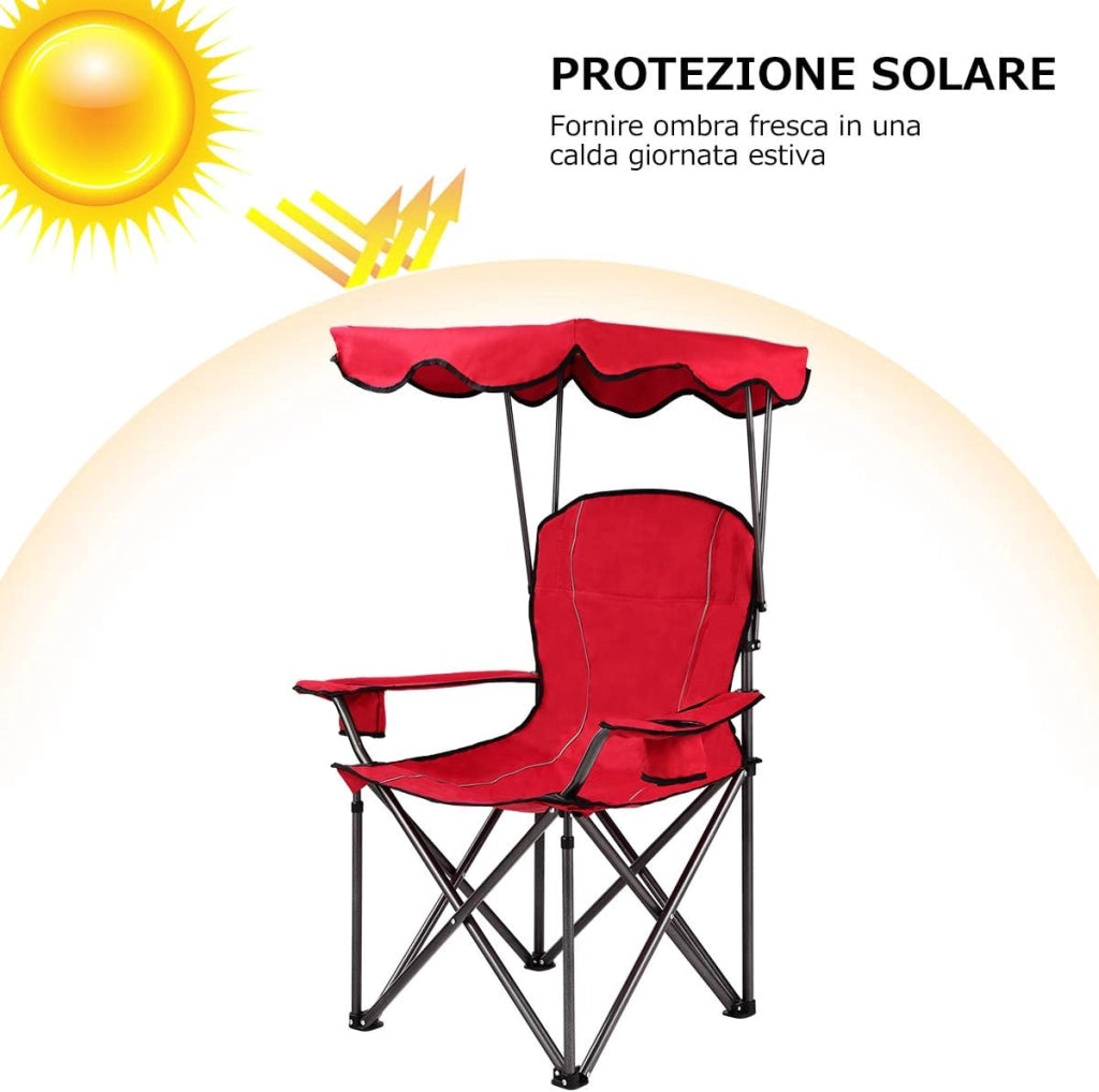 Sedia da Campeggio con Tettuccio, Poltrona da Spiaggia Pieghevole con Portabicchieri, Sedia Mare Leggera e Portatile, con Braccioli, Portata 120 kg (Rosso)