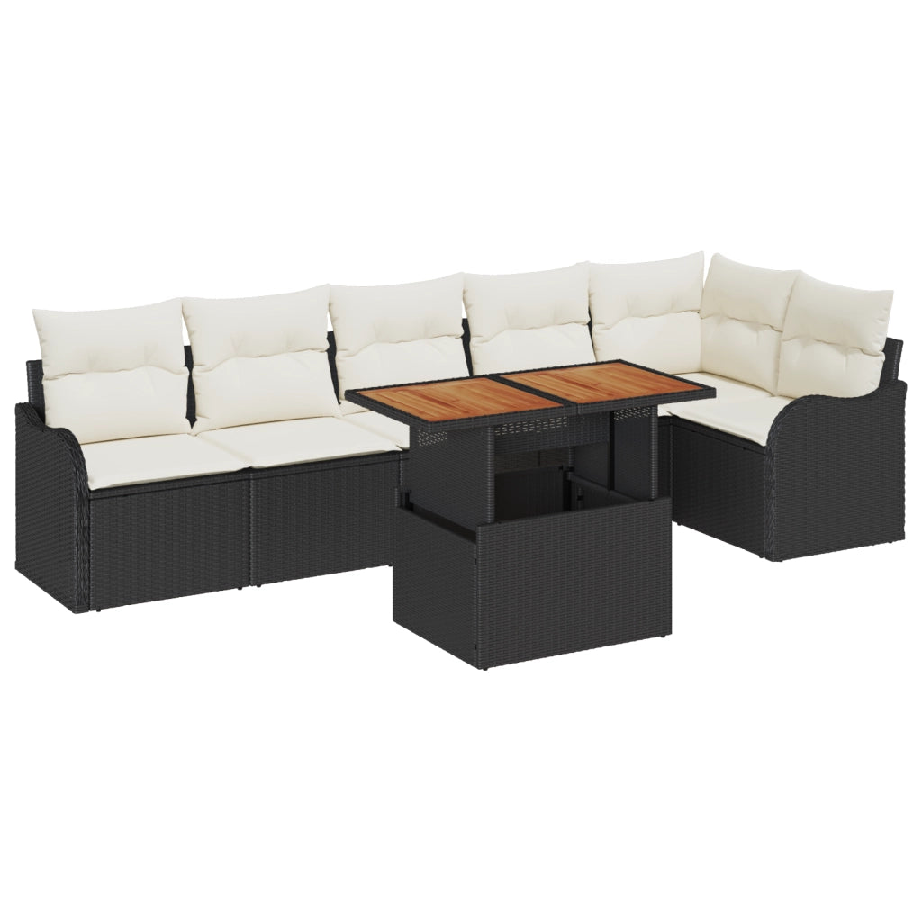 Set da Giardino 7 Pezzi con Cuscini in Rattan Nero Polyrattan