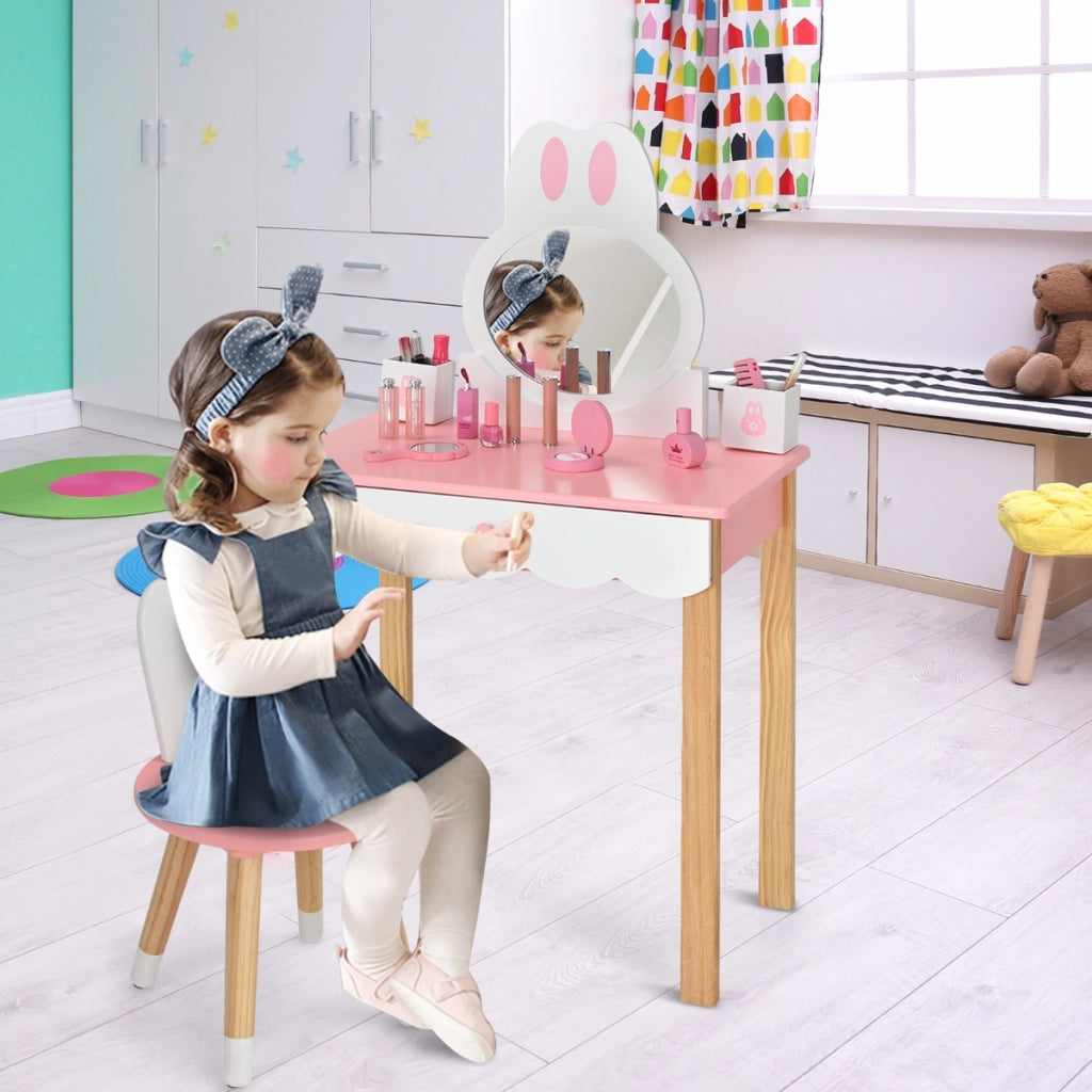 Set tavolo toeletta con specchio e cassetti per bambini, Tavolo da trucco con sedia e scatole 60x34x103cm Rosa-Toelette per bimbi