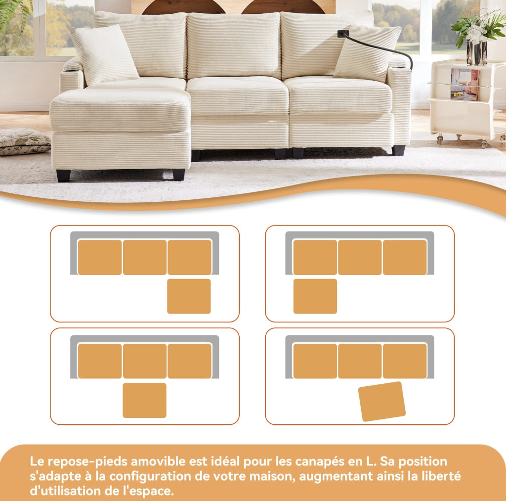 Divano angolare 3-4 posti con pouf mobile; USB e ripiani; 213;5x139x87 cm; velluto a coste beige