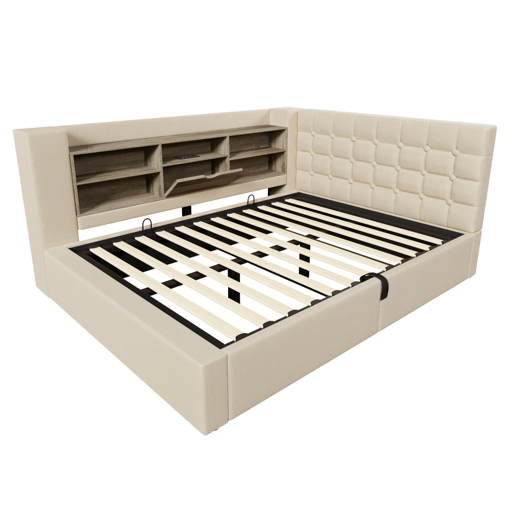 Letto imbottito 140x190 cm con LED, contenitore idraulico e testiera L reversibile