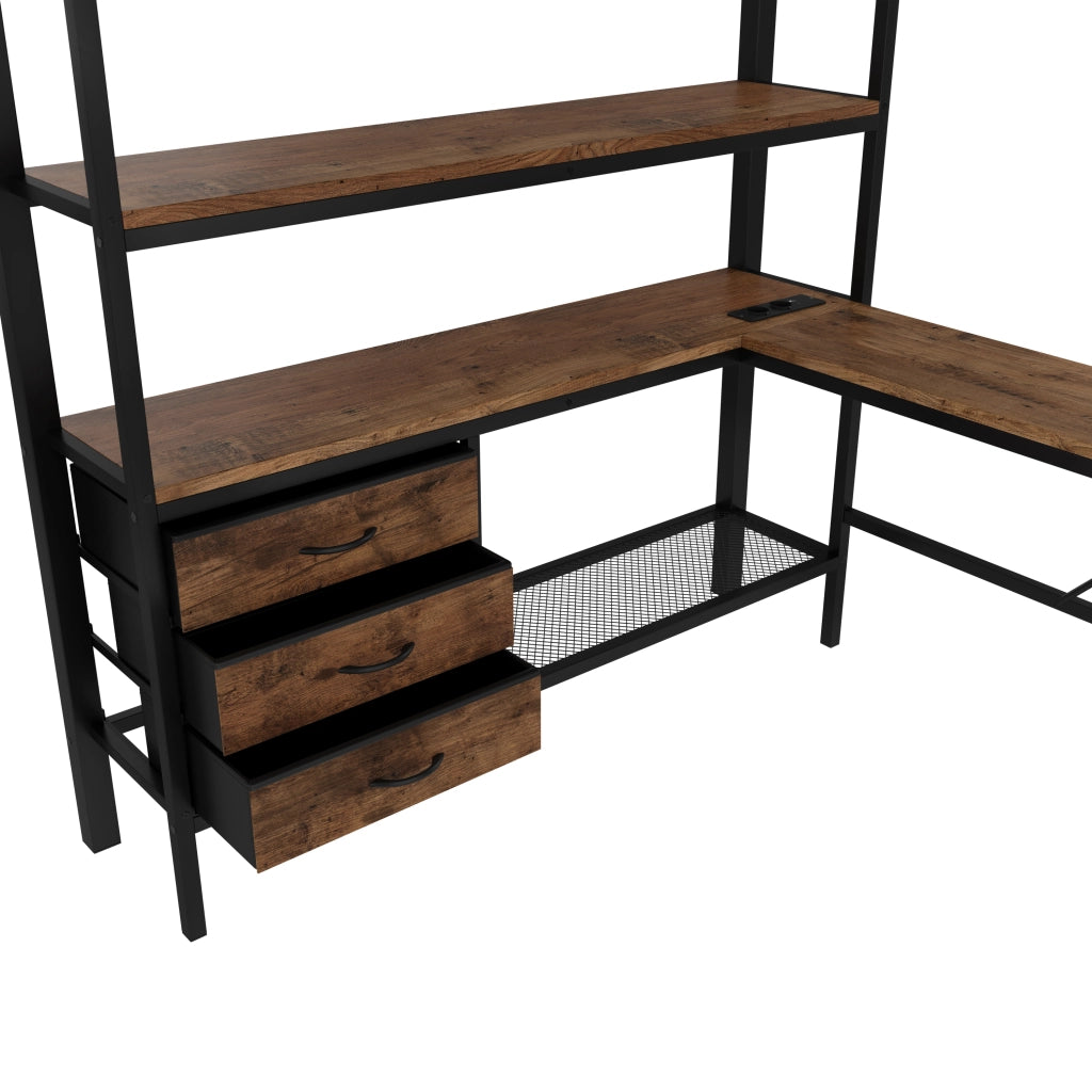 Letto a Soppalco 2 Posti con LED; Scrivania; USB; 3 Cassetti e Mensole 140 × 200 cm; senza Materasso